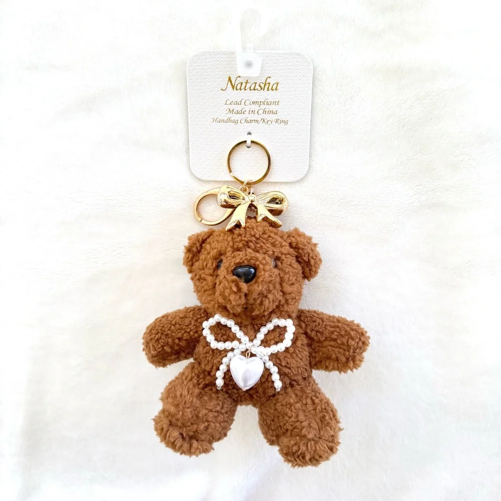 Natasha Brown Teddy Bear Plushie w/ Bows & Heart Key Chain / Bag Charm